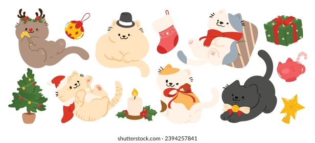 Merry christmas and happy new year concept background vector. Collection drawing of cute cats with decorative scarf, ribbon, hat. Design suitable for banner, invitation, card, greeting, banner, cover.