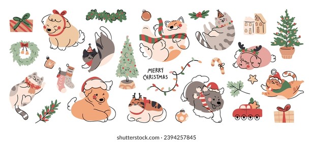 Merry christmas and happy new year concept background vector. Collection drawing of cute dogs and cats with decorative scarf, ribbon, hat. Design suitable for banner, invitation, banner, cover.