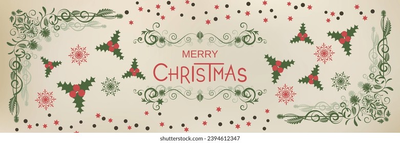 Merry Christmas and Happy New Year retro style vector banner template. Old paper background with winter style elements