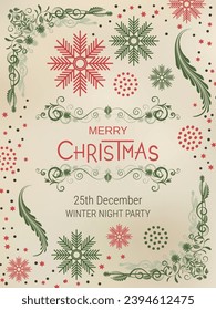 Merry Christmas and Happy New Year retro style vector flyer template. Old paper background with winter style elements