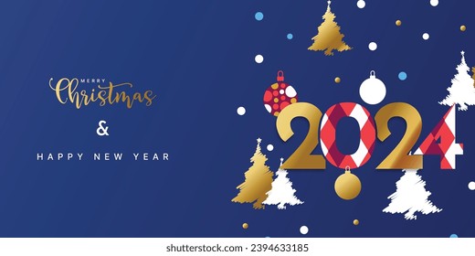 Feliz Navidad y Feliz Año Nuevo banner, tarjeta de saludo, afiche, portada de fiestas. Diseño moderno de Navidad en estilo geométrico con patrón triangular, árbol de Navidad, bola, nieve y número 2024 en azul nocturno