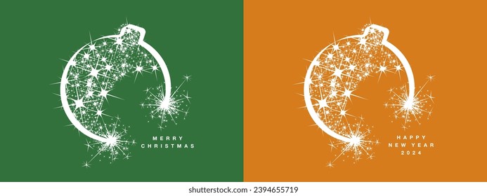 Merry Christmas and Happy New Year beautiful light white elegant ribbon Christmas ball with glitter sparkle stardust green orange background greeting card