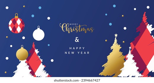 Feliz Navidad y Feliz Año Nuevo banner, tarjeta de saludo, afiche, portada de fiestas. Diseño moderno de Navidad en estilo geométrico con patrón triangular, árbol de Navidad, bola, nieve y número 2024 en azul nocturno