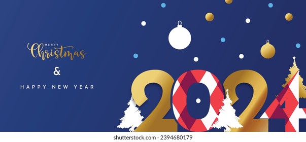 Feliz Navidad y Feliz Año Nuevo banner, tarjeta de saludo, afiche, portada de fiestas. Diseño moderno de Navidad en estilo geométrico con patrón triangular, árbol de Navidad, bola, nieve y número 2024 en azul nocturno