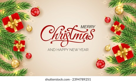 Merry Christmas and Happy New Year greeting background with Christmas branch, balls, snowflakes. For sale, banner, posters, cover design templates, social media wallpaper stories