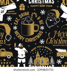 Merry Christmas and Happy New Year seamless pattern with snowflakes, hanging christmas ball, Santa Claus, hat, candy. Vector illustration. Christmas background with new year emblem in retro style.