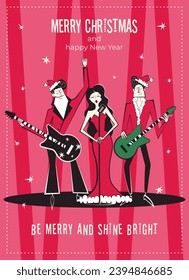 Merry Christmas and happy New Year greeting card, poster. Trendy 60s-70s retro style poster with Christmas wishes text. Vector illustration with musical band in red Christmas clothing.