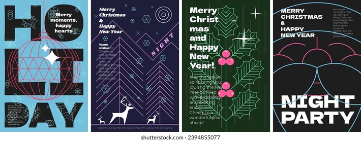 Merry Christmas and Happy New Year holiday party night minimal style abstract linear graphic poster set. Celebration decoration print with mistletoe branch and reindeer. Modern trendy art cover design