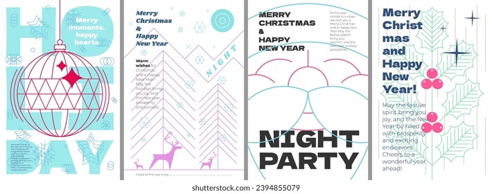 Merry Christmas and Happy New Year holiday party night minimal style abstract linear graphic poster set. Celebration decoration print with mistletoe branch and reindeer. Modern trendy art banner. Eps