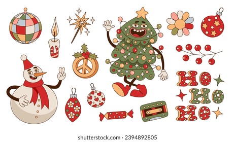 Merry Christmas and Happy New Year groovy hippie stickers. Funny retro cartoon characters collection. Christmas tree, snowman, toys, peace sign. Trendy 60s-70s style