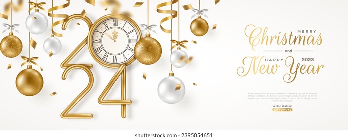 Merry Christmas and Happy New Year banner with hanging gold and white 3d baubles, confetti and 2024 numbers. Vector illustration. Winter holiday decorations, golden vintage clock. Place for text