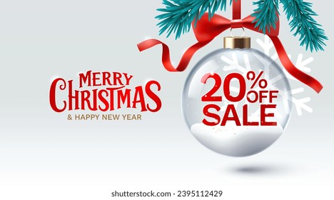 Merry Christmas and happy new year, 20 Percentage off sale. Vector illustration 