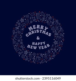 Merry Christmas and Happy New Year banner with symbols of celebration. Outline icon of gift, candy, letter, ornaments, gingerbread, candle, stocking and holly berry. Vector festive template with text