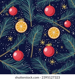 Merry Christmas and Happy New Year greeting cards, posters, holiday covers, background with Christmas plants. Modern Xmas design with pine branches, Christmas trees and orange slices. Christmas tree