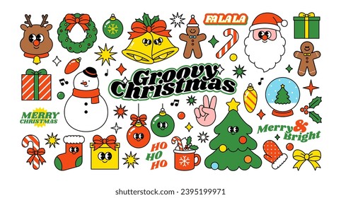 Merry Christmas, Happy New year cute sticker pack. Groovy patch collection. funny Xmas label set. Holiday design bundle. Hippie 70s 60s trendy retro cartoon style. Vintage vector flat illustration. svg