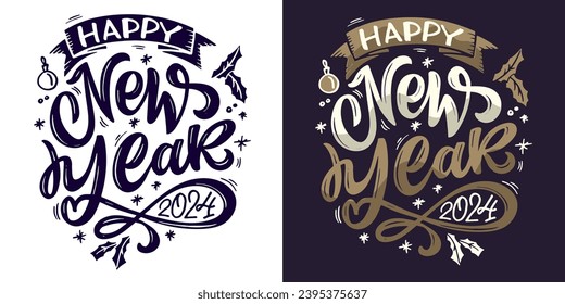 Merry Christmas and happy new year - cute postcard.New year holiday greeting card.  Lettering label for poster, banner, web, sale, t-shirt design. 2024