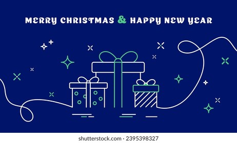 Merry Christmas and Happy New Year card with gift boxes, snowflakes and stars in line-art style. Vector illustration.