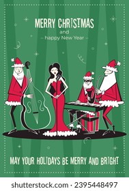 Merry Christmas and happy New Year greeting card. Trendy 60s-70s retro style Christmas poster with typography. Vector illustration with Santa Claus characters  musical band and singer woman.
