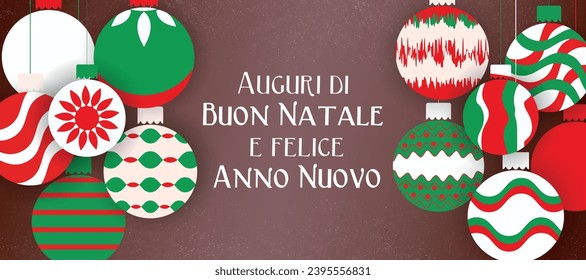 Merry Christmas and Happy New Year in Italian language, greeting web banner. Italy flag colors Holidays Christmas tree balls , card, template, background, poster, holiday cover