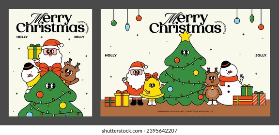 Merry Christmas, Happy New Year greeting card. Trendy retro cartoon style. Winter season template, Banner, Poster, Print, Party invitation, Holiday background. Vintage vector flat illustration.