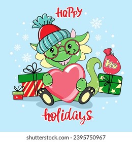 Merry Christmas and Happy New Year card with Little dragon in Santa Clause Hat. Vector illustration of kawaii style. Chinese symbol new year