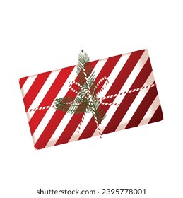 Merry Christmas and Happy New Year. Xmas design with realistic object, red and white gift box, red and white tinsel, red ribbon flat top view.