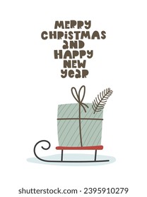 Merry Christmas and happy new year.  Cartoon present, sled,  hand drawing lettering, décor elements. holiday theme. Colorful vector illustration, flat style. design for greeting cards, print, poster
