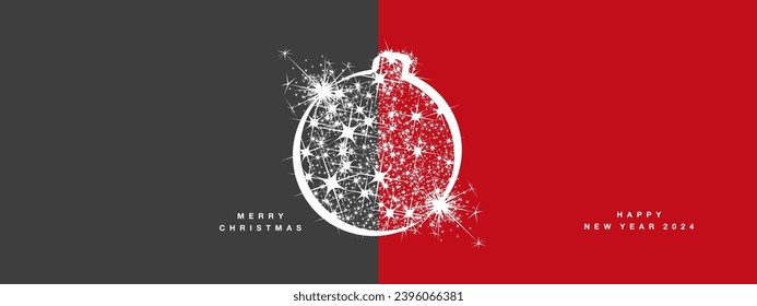 Merry Christmas and Happy New Year beautiful light white elegant ribbon Christmas ball in middle with glitter sparkle stardust black red background greeting card