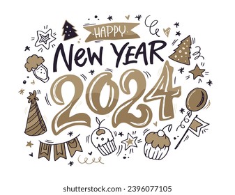 Merry Christmas and happy new year - cute postcard.  Lettering label for poster, banner, web, sale, t-shirt design. 2024. New year holiday greeting card.
