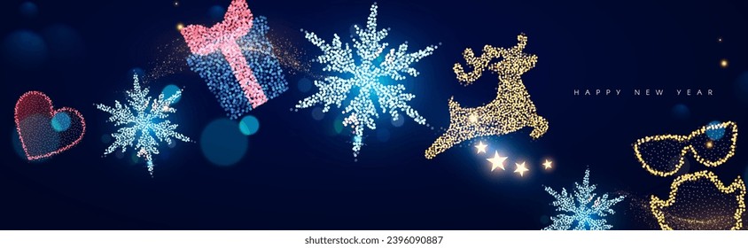 Merry Christmas and Happy New Year! Shining Christmas elements with bokeh effect. Christmas lights. Deet, snowflake, gift box, Santa Claus beard