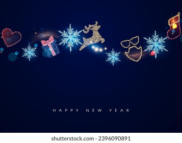 Merry Christmas and Happy New Year! Shining Christmas elements with bokeh effect. Christmas lights. Deet, snowflake, gift box, Santa Claus beard