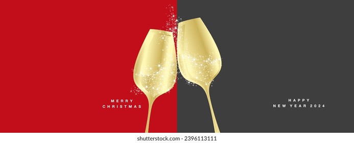 Merry Christmas and Happy New Year 2024 beautiful light golden champagne glasses with glitter sparkle stardust red black background greeting card