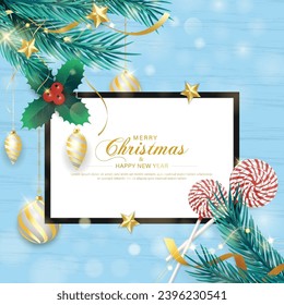 Merry christmas and happy new year poster template design with decorative christmas light. vector illustration.