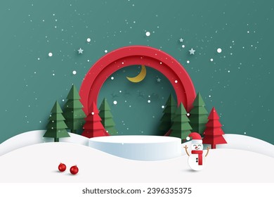 Merry Christmas and Happy new year background. White podium in Red circle decorated with christmas tree,christmas ball and stars.Paper art vector illustration.