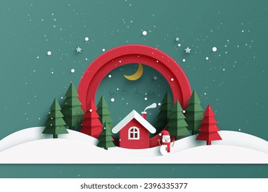 Merry Christmas and Happy new year background. Red house in Red circle decorated with Snowman, christmas tree and stars.Paper art vector illustration.