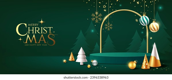 Merry christmas and happy new year, green podium display ornaments banners design on green background, EPS10 vector illustration
