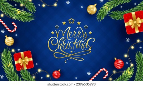 Merry Christmas and Happy New Year greeting background with Christmas branch, balls, snowflakes. For sale, banner, posters, cover design templates, social media wallpaper stories