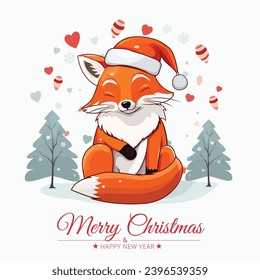 Merry Christmas And Happy New Year Card With Cute Fox And Winter Background Vector Illustration