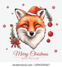 Feliz Navidad Y Feliz Tarjeta De Año Nuevo Con La Ilustración Del Vector De Fondo De Fox Y Navidad