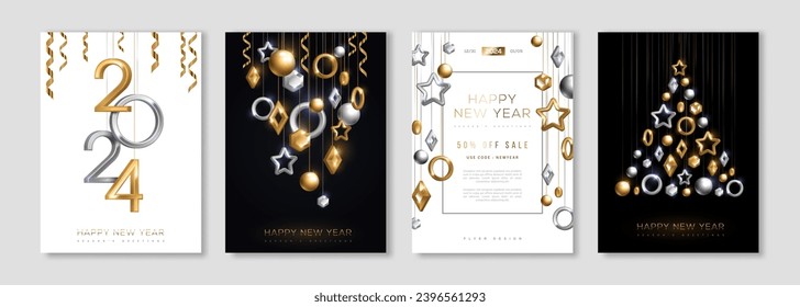 Merry Christmas and Happy New Year posters set, hanging gold silver 3d baubles, 2024 numbers. Vector illustration. Winter holiday flyer, brochure voucher template. Minimal geometric decorations