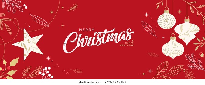 Merry Christmas and Happy New Year. Vector illustration for greeting card, party invitation card, website banner, social media banner, marketing material.