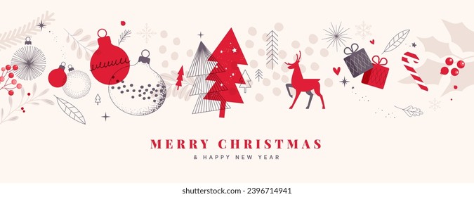 Merry Christmas and Happy New Year. Vector illustration for greeting card, party invitation card, website banner, social media banner, marketing material.