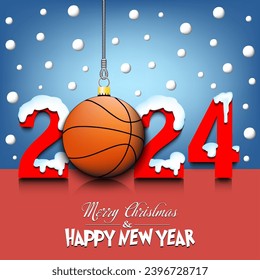 Merry Christmas and Happy New Year. Number 2024 and basketball ball as a Christmas decorations hanging on strings amid falling snow on a mirror surface. Pattern for greeting card. Vector illustration