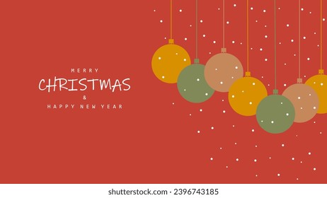 Merry Christmas and Happy New Year vector image. Greeting card, banner, poster. Colorful Christmas decoration balls with white snow particles. 