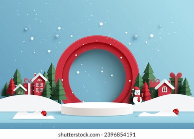 Merry Christmas and Happy new year background. White podium in Red circle decorated with christmas tree, Snowman and Red House. Paper art vector illustration.