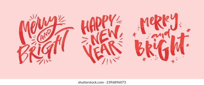 Merry Christmas and happy new year - cute postcard.  Lettering label for poster, banner, web, sale, t-shirt design. 2024. New year holiday greeting card.