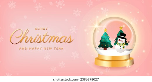 Merry Christmas and Happy New Year. Christmas winter snow glass ball, transparent dome. design Xmas green tree in snow, gift box, snowman. Vector illustration.
