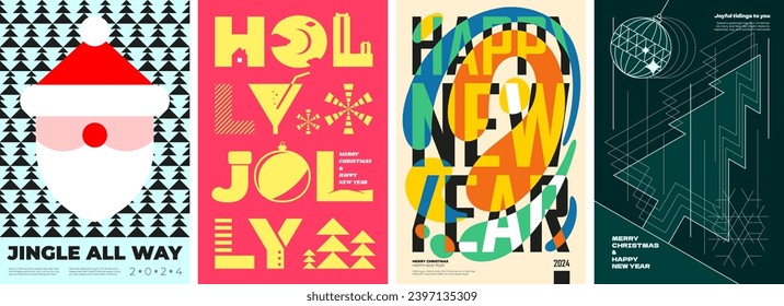 Merry Christmas and Happy New Year holiday party abstract graphic bauhaus and brutalism style poster. Minimalist festive event print. Trendy retro geometric placard. Modern y2k art vector eps banner