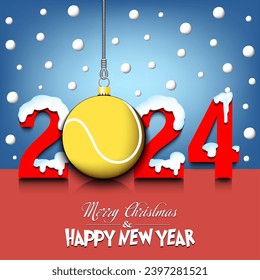 Merry Christmas and Happy New Year. Number 2024 and tennis ball as a Christmas decorations hanging on strings amid falling snow on a mirror surface. Pattern for greeting card. Vector illustration