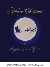 Merry Christmas and Happy New Year! Simple Merry Christmas greeting card design. Minimum details. Image of the moon, Santa Claus on a sleigh with deer.
